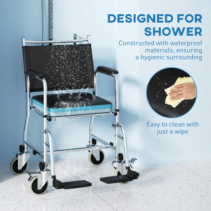 HOMCOM Shower Wheelchair, Commode Wheeled Chair with Padded Seat, Backrest
