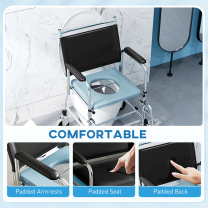 HOMCOM Shower Wheelchair, Commode Wheeled Chair with Padded Seat, Backrest