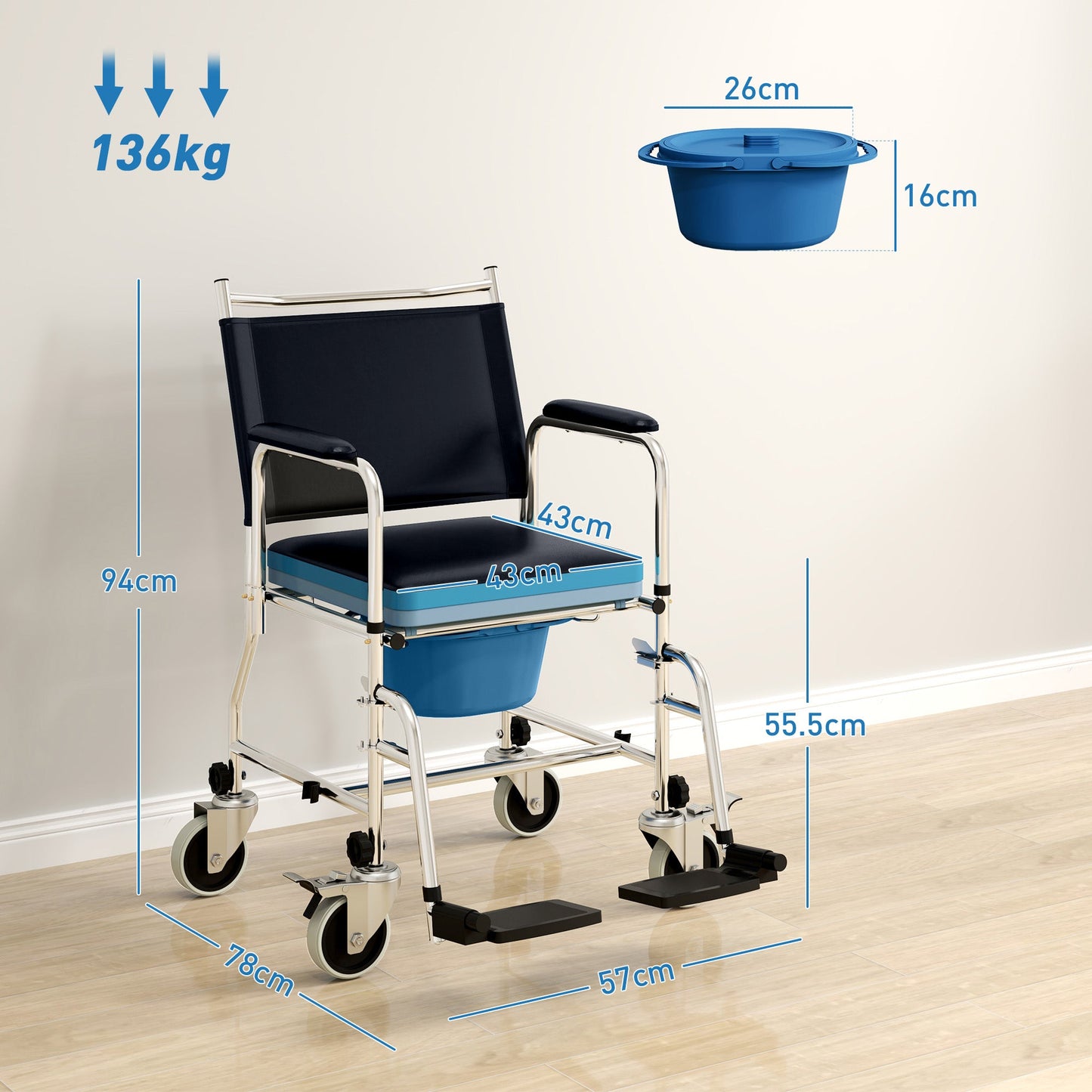 HOMCOM Shower Wheelchair, Commode Wheeled Chair with Padded Seat, Backrest