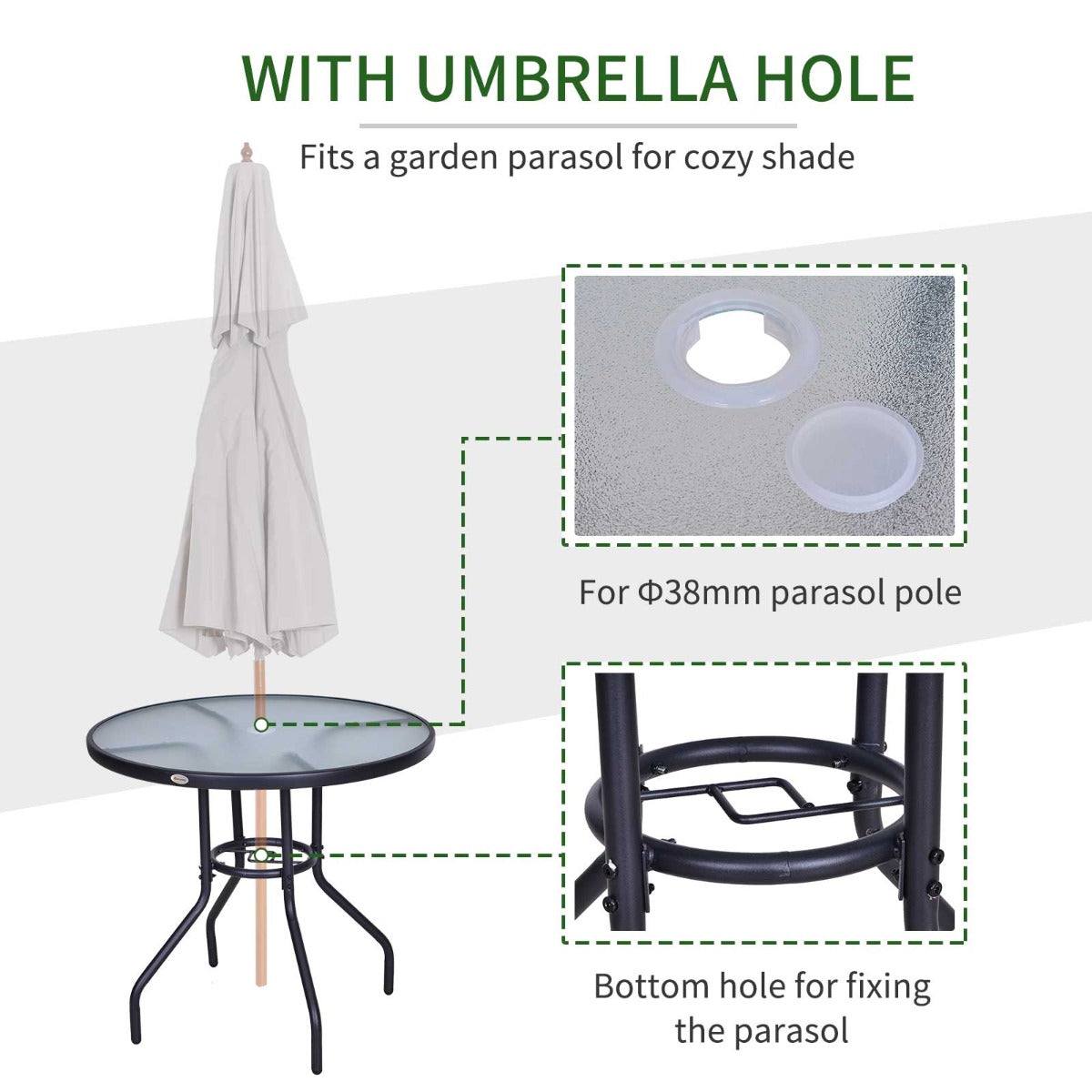Outdoor 80cm Round Dining Table Tempered Glass Top Steel Frame Bistro Coffee End Side Table Garden w/ Parasol Hole