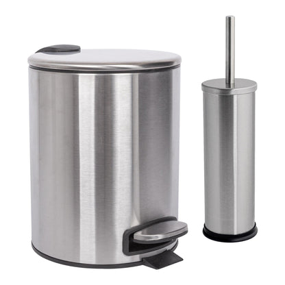 2pc 5L Round Brushed Stainless Steel Pedal Bin & Toilet Brush Set