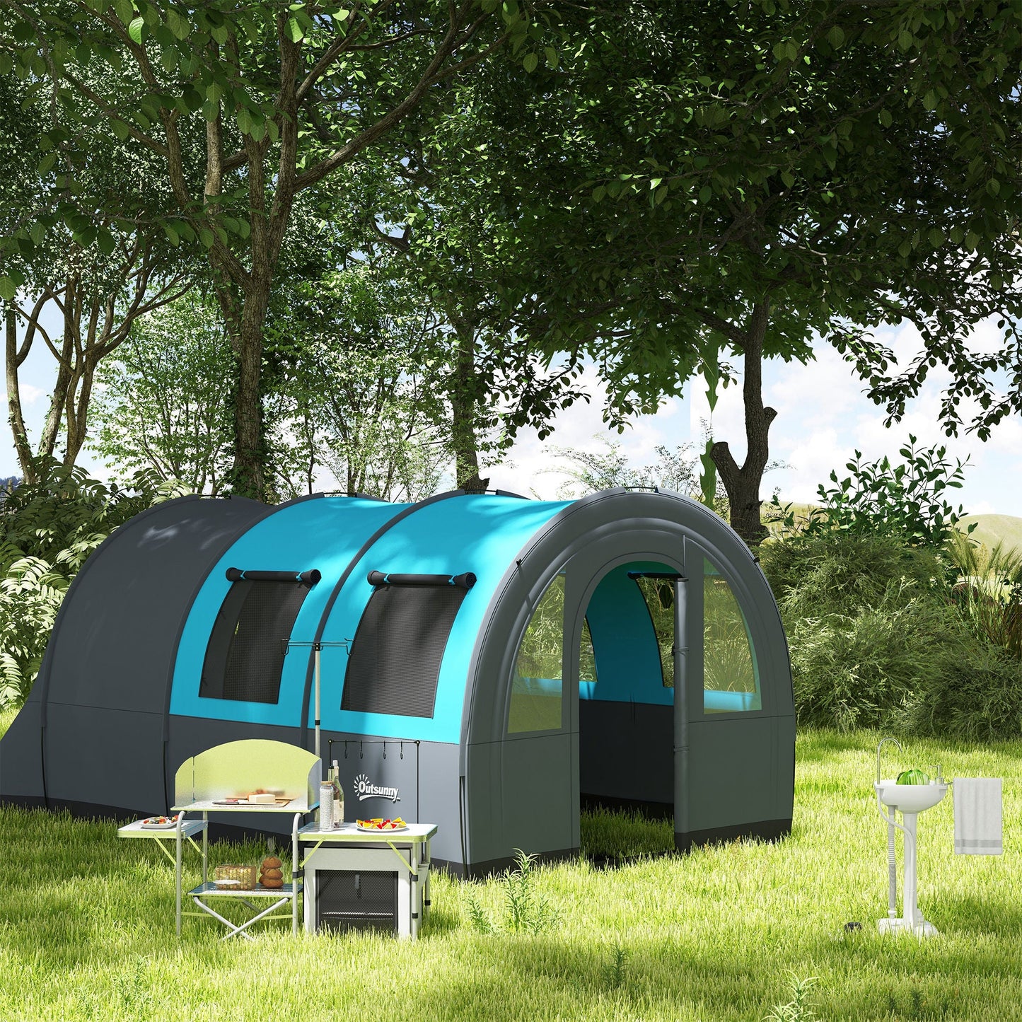 Outsunny Camping Tent, 3000mm Waterproof Family Tent for 5-6 Man, Grey and Blue