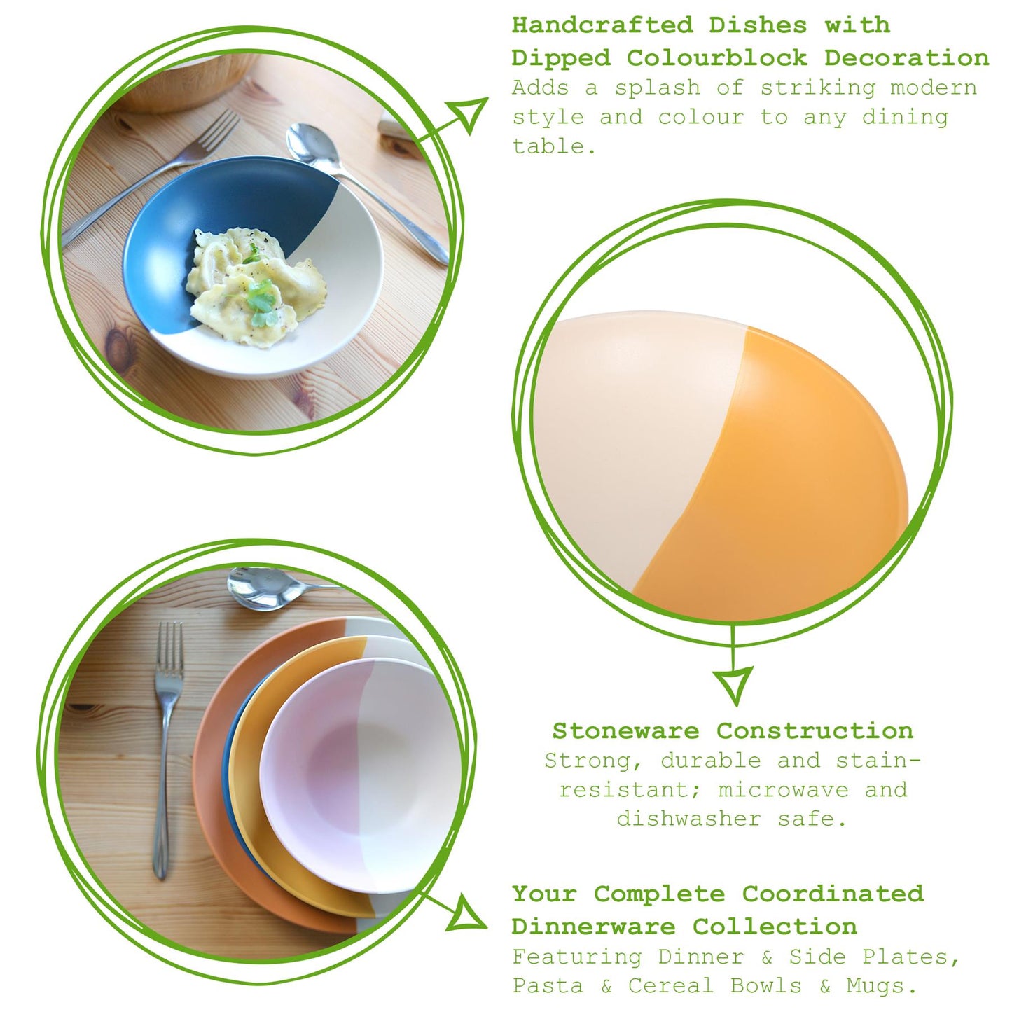 Colour Block Stoneware Pasta Bowls - 20.5cm - Pack of 4