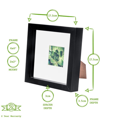 6" x 6" Black 3D Box Photo Frame - with 2" x 2" Mount