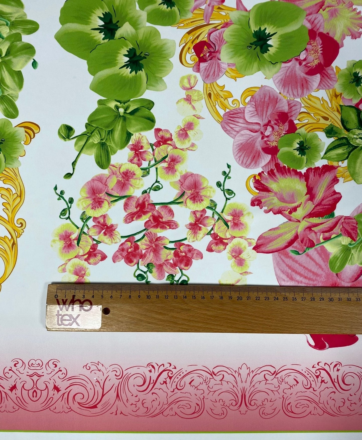 Floral & Baroque Crepe Fabric by the Metre – Pink Green Gold