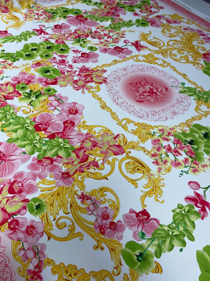 Floral & Baroque Crepe Fabric by the Metre – Pink Green Gold