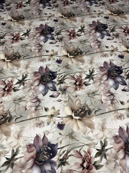 Vintage Botanical Print Fabric – Fabric by Metre, Options: Satin, Crepe, Spandex, Chiffon