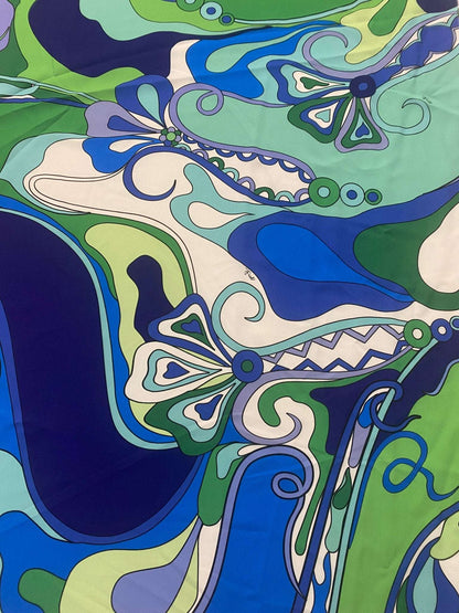 Floral Fabric in Blue and Green Retro Swirl Print – Available in Satin, Crepe, Spandex & Chiffon | By Metre