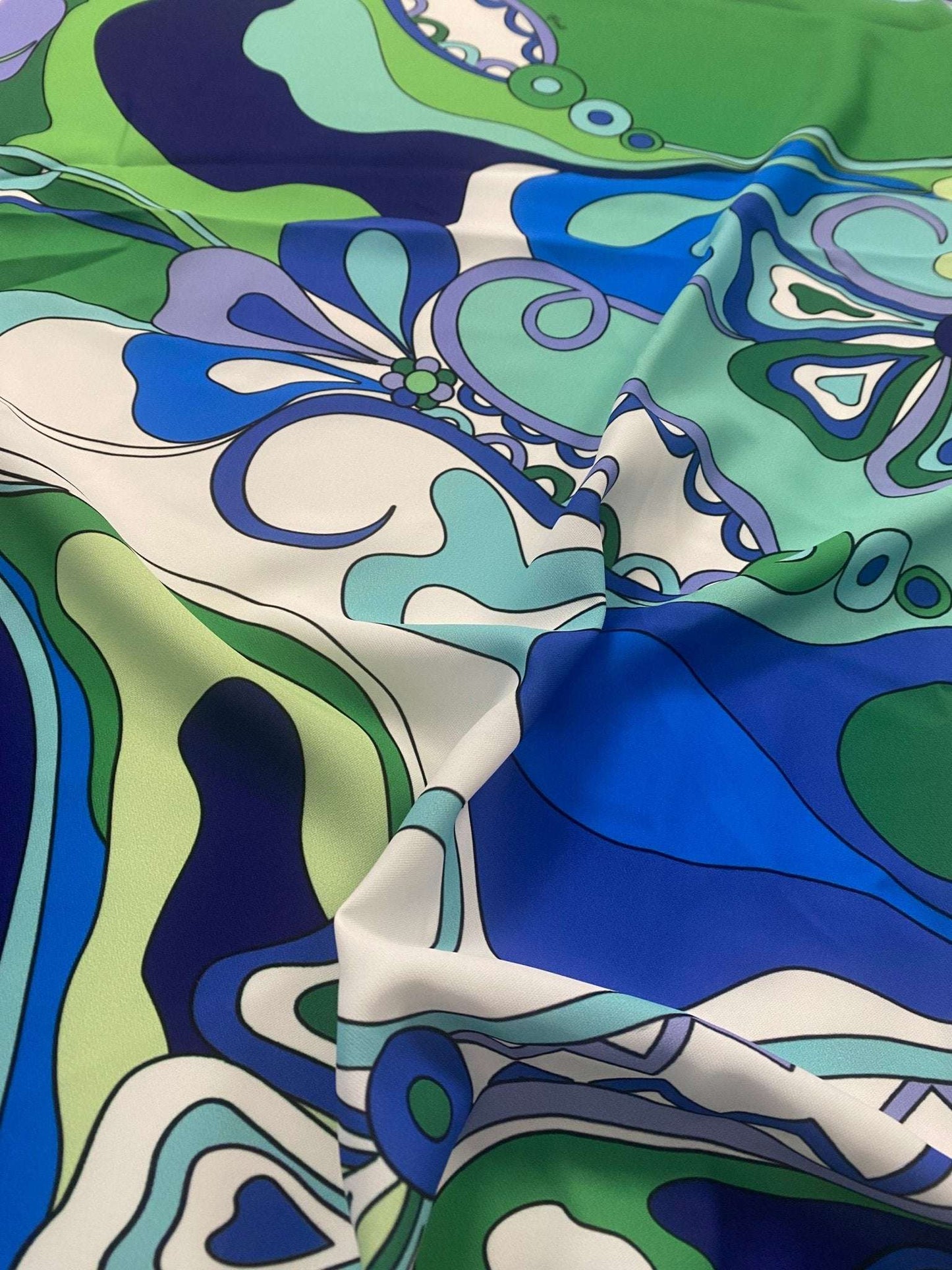 Floral Fabric in Blue and Green Retro Swirl Print – Available in Satin, Crepe, Spandex & Chiffon | By Metre