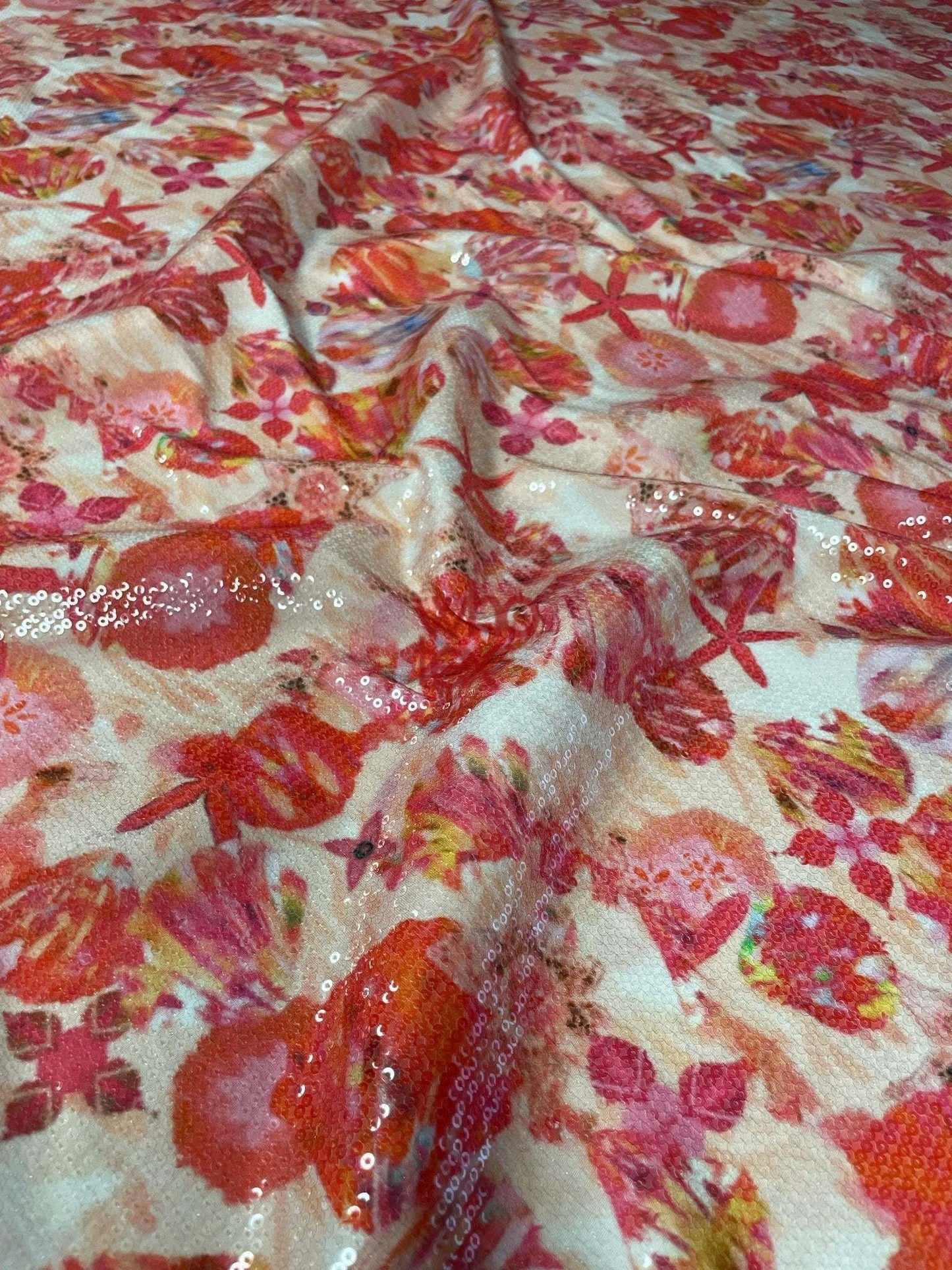 Floral Sequin Fabric Red and Pink Starfish Fabric