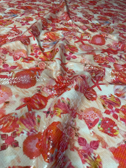 Floral Sequin Fabric Red and Pink Starfish Fabric