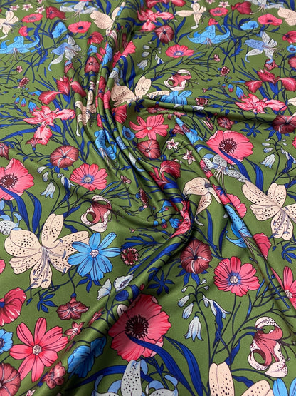 Floral Spandex Fabric – Green Base Stretch Material by Metre