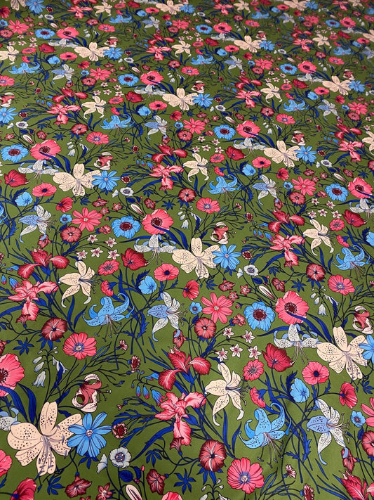 Floral Spandex Fabric – Green Base Stretch Material by Metre