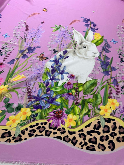 Rabbit Print Fabric with Flowers Pattern in Pink Design – Custom Printed Fabric on Satin, Crepe, Spandex or Chiffon