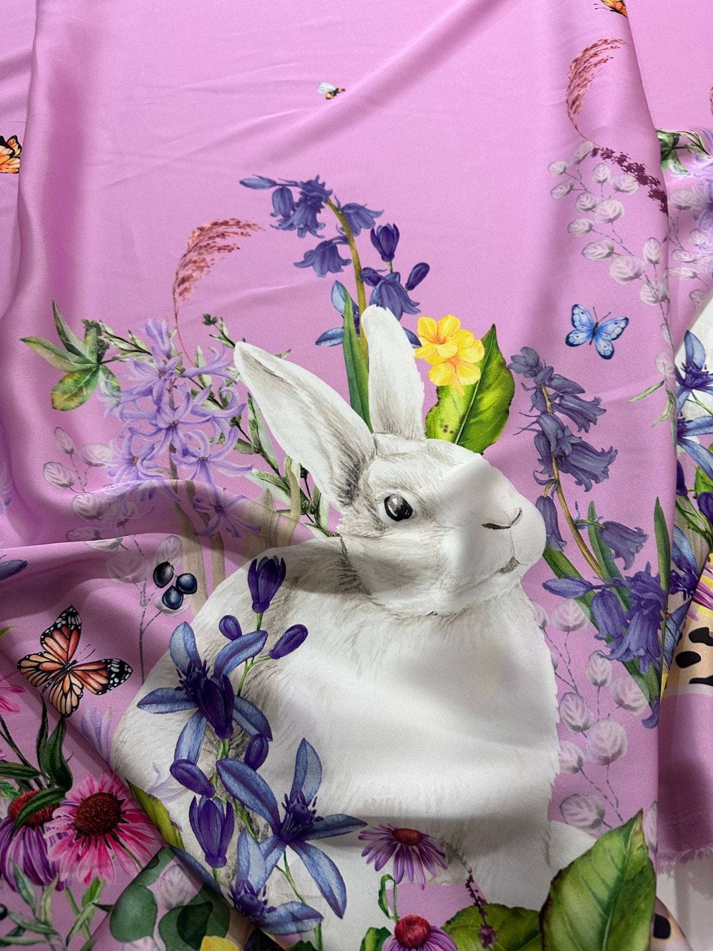 Rabbit Print Fabric with Flowers Pattern in Pink Design – Custom Printed Fabric on Satin, Crepe, Spandex or Chiffon