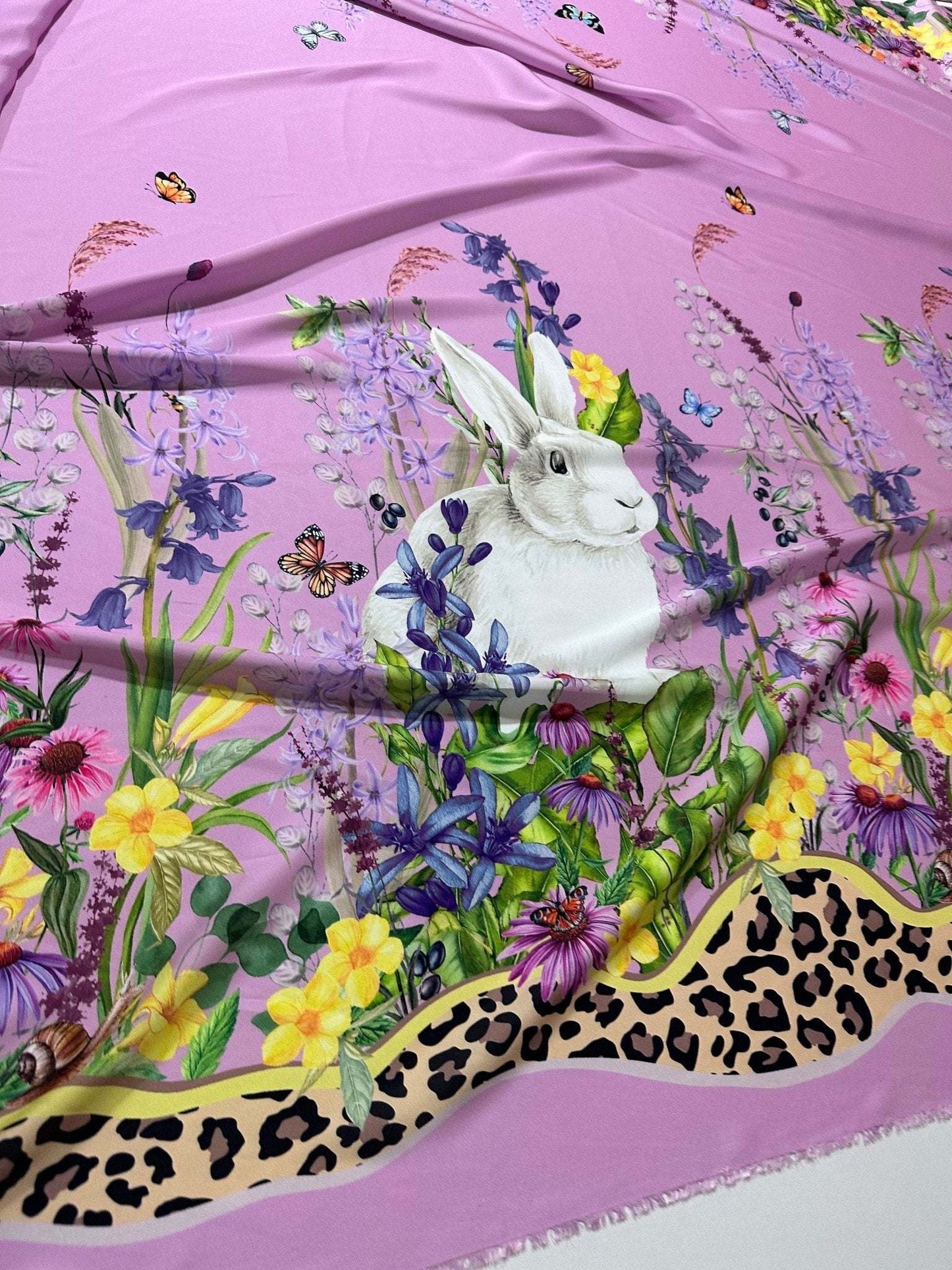 Rabbit Print Fabric with Flowers Pattern in Pink Design – Custom Printed Fabric on Satin, Crepe, Spandex or Chiffon