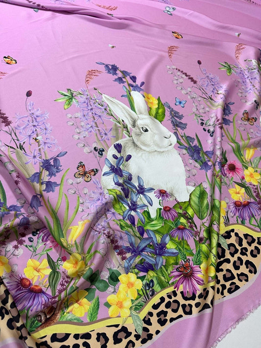 Rabbit Print Fabric with Flowers Pattern in Pink Design – Custom Printed Fabric on Satin, Crepe, Spandex or Chiffon