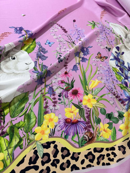 Rabbit Print Fabric with Flowers Pattern in Pink Design – Custom Printed Fabric on Satin, Crepe, Spandex or Chiffon