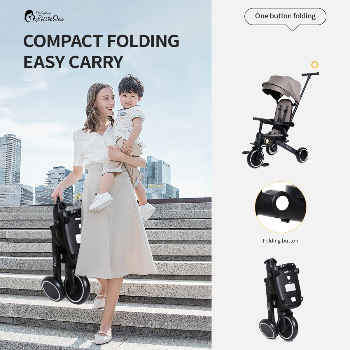 Foryourlittleone Xplor 6 in 1 Foldable Trike - Grey Olive (10m-5y)