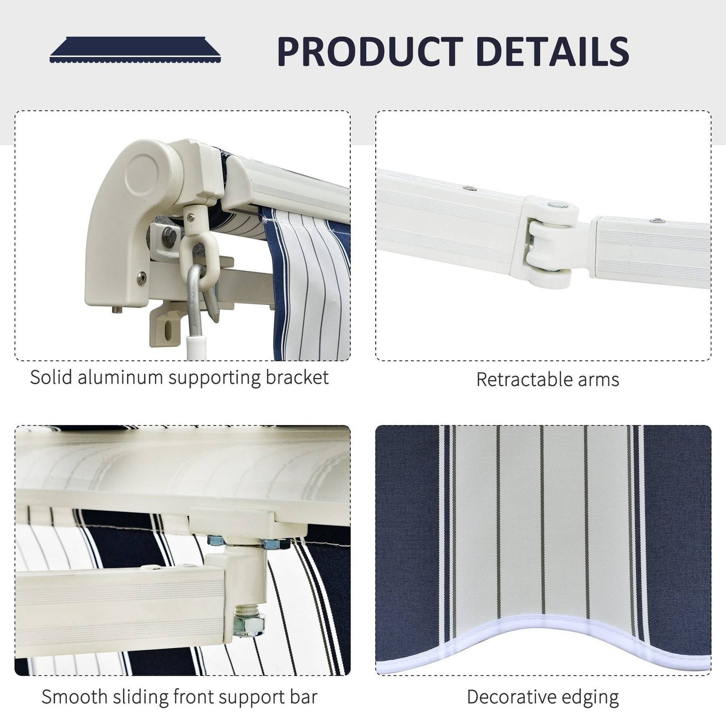 Outsunny Manual Retractable Awning 3X2.5 M-Blue/White Stripes