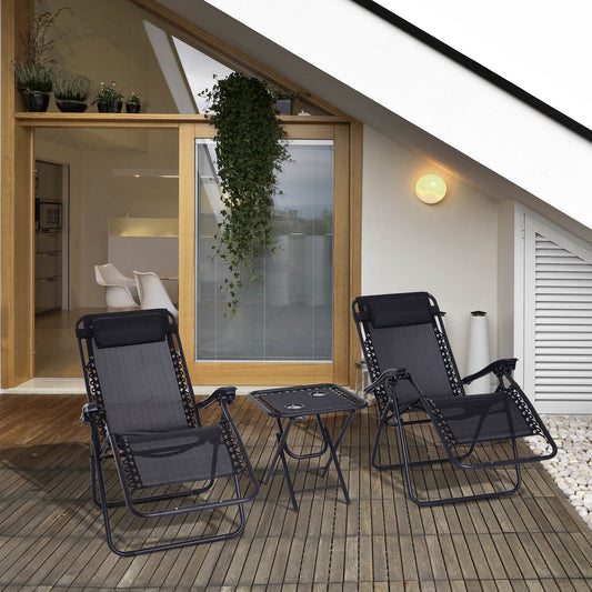 3-Piece Folding Zero Gravity Chairs Sun Lounger Table Set w/ Cup Holders Reclining Garden Yard Pool