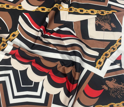 Geometric Chain Print Fabric – Brown Red Abstract Pattern by the Metre