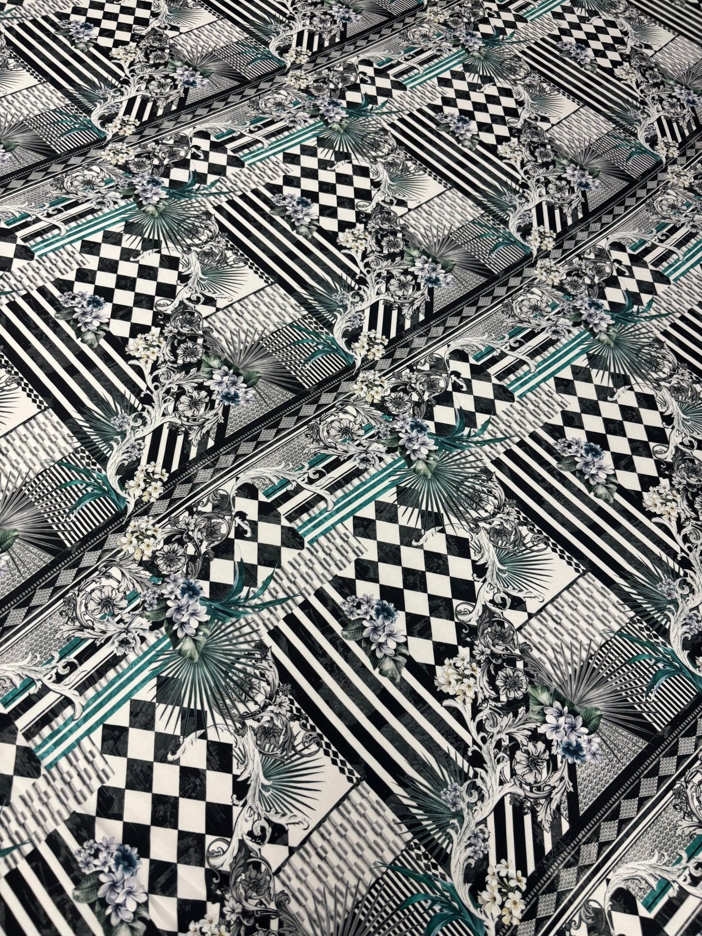 Geometric Floral Satin Fabric by the Metre – Black & White Luxury