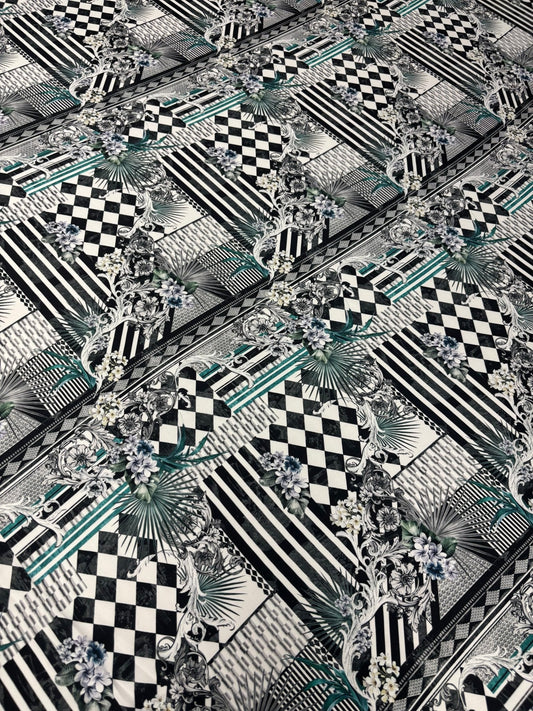 Geometric Floral Satin Fabric by the Metre – Black & White Luxury