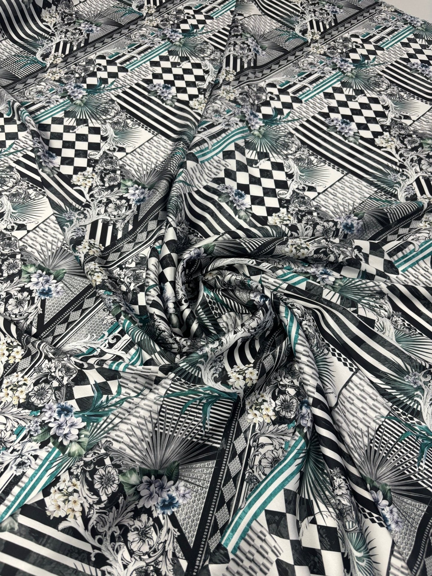 Geometric Floral Satin Fabric by the Metre – Black & White Luxury