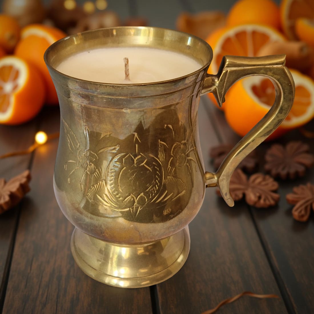 Repurposed Bronze Goblet Candle – Winter Clementine