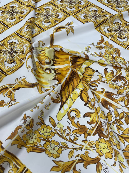 Gold Baroque Floral Crepe Fabric by the Metre – Luxury Dressmaking