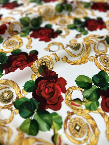 Gold Red Rose Patterned White Fabric – Fabric by Metre, Multiple Options for Sewing & Dressmaking