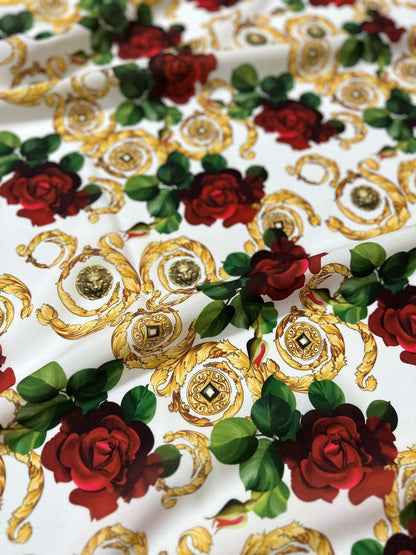 Gold Red Rose Patterned White Fabric – Fabric by Metre, Multiple Options for Sewing & Dressmaking