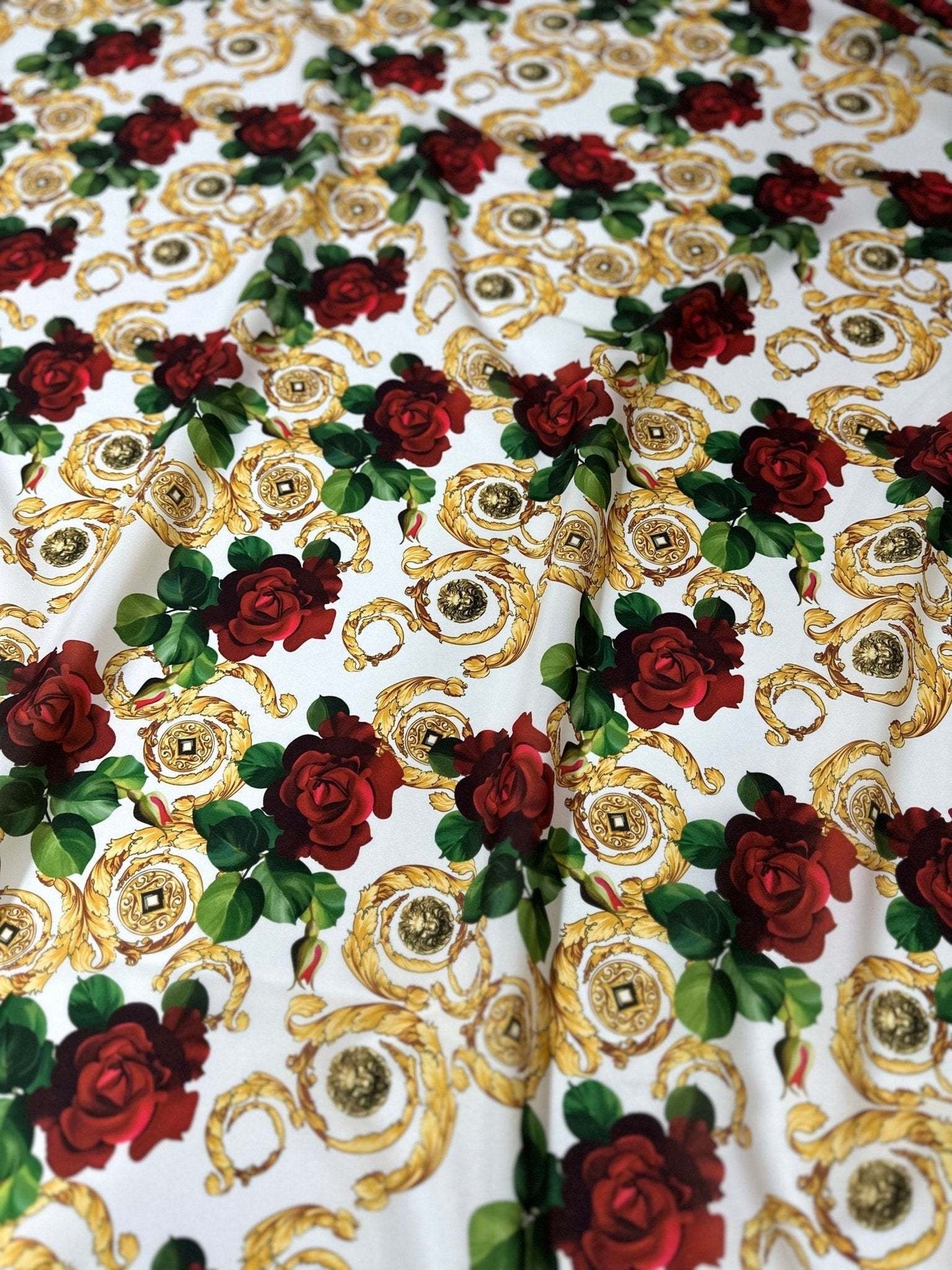 Gold Red Rose Patterned White Fabric – Fabric by Metre, Multiple Options for Sewing & Dressmaking