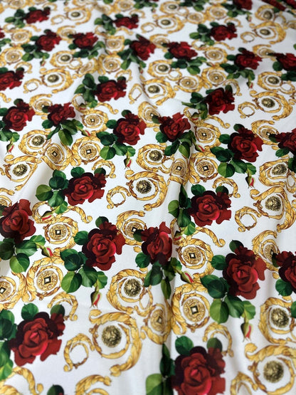 Gold Red Rose Patterned White Fabric – Fabric by Metre, Multiple Options for Sewing & Dressmaking