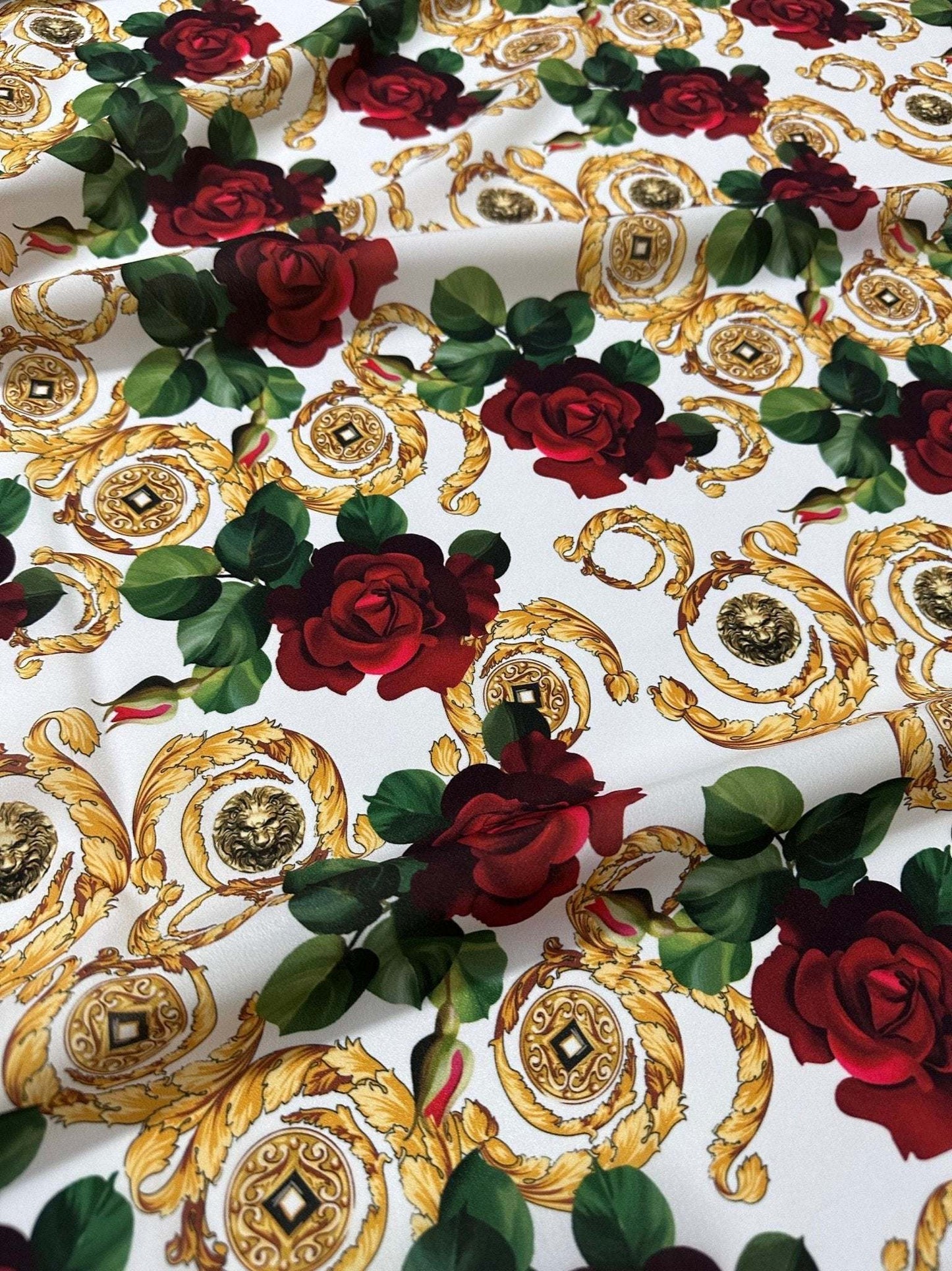 Gold Red Rose Patterned White Fabric – Fabric by Metre, Multiple Options for Sewing & Dressmaking