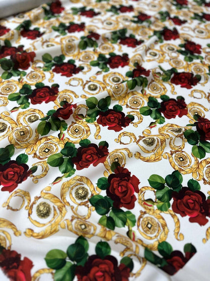 Gold Red Rose Patterned White Fabric – Fabric by Metre, Multiple Options for Sewing & Dressmaking