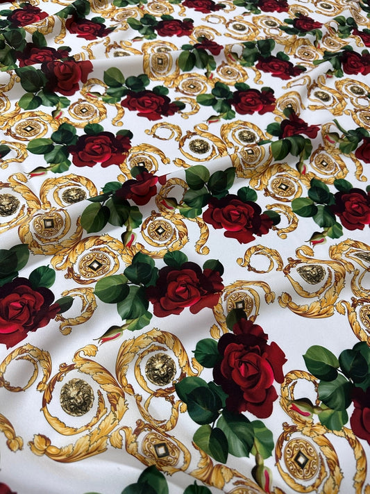 Gold Red Rose Patterned White Fabric