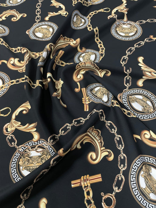 Gold Chain & Medallion Crepe Fabric by the Metre – Luxury