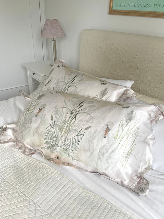Cream and neutral Silk Pillowcase in hand painted 'Graceful' print, Standard size Oxford style Pillowcase