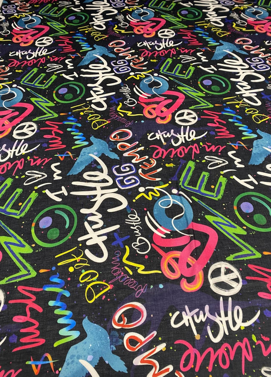 Graffiti Print Linen Fabric by the Metre