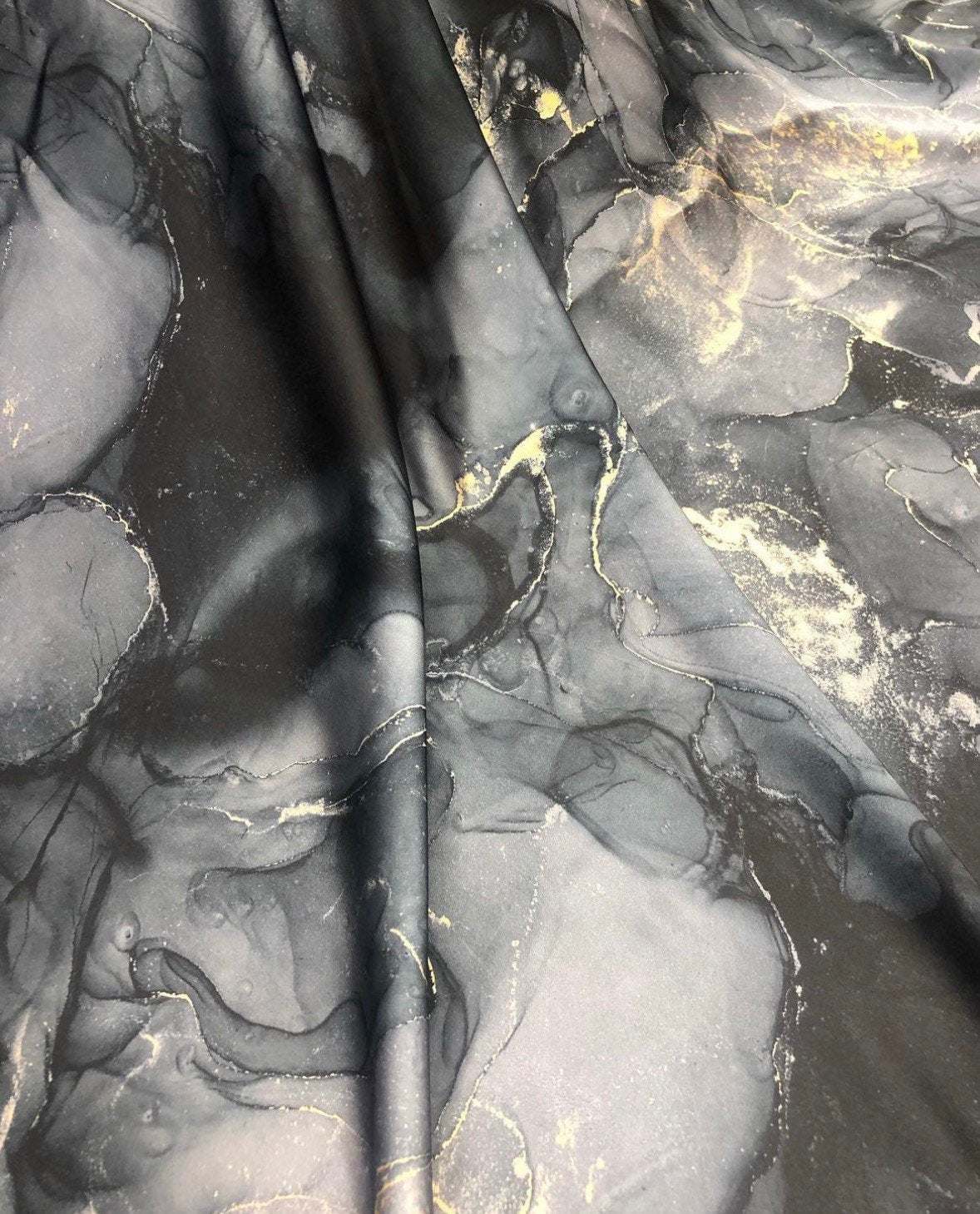 Gray Tie Dye Fabric with Gold Accents – Custom Printed Fabric on Satin, Crepe, Spandex or Chiffon
