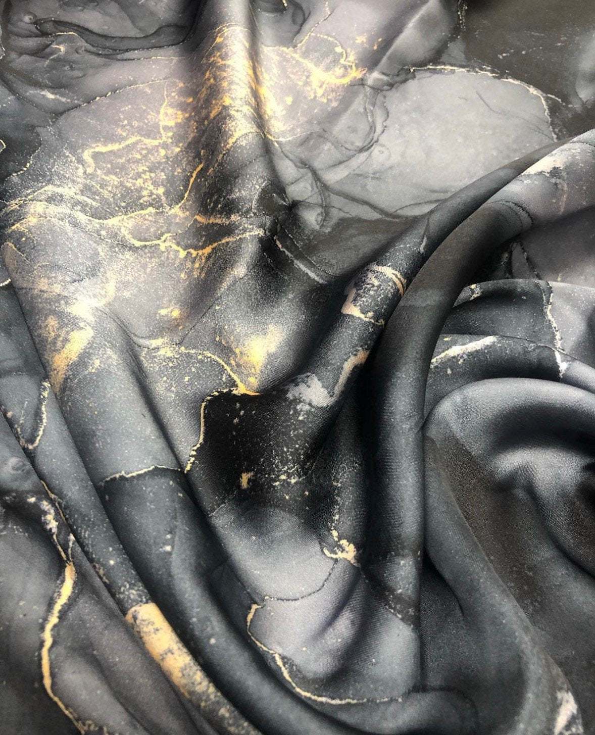 Gray Tie Dye Fabric with Gold Accents – Custom Printed Fabric on Satin, Crepe, Spandex or Chiffon