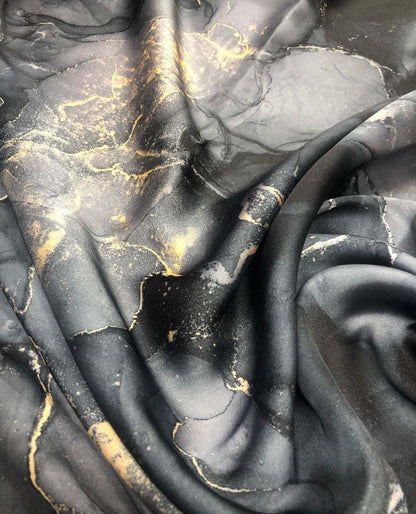 Gray Tie Dye Fabric with Gold Accents – Custom Printed Fabric on Satin, Crepe, Spandex or Chiffon