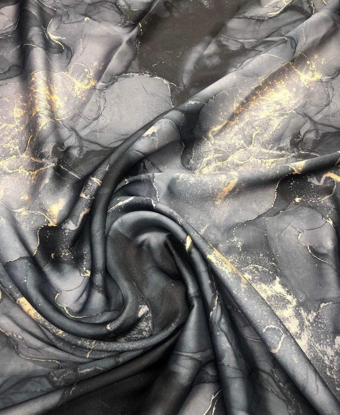 Gray Tie Dye Fabric with Gold Accents – Custom Printed Fabric on Satin, Crepe, Spandex or Chiffon
