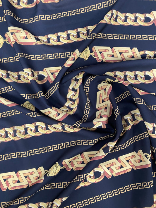 Greek Key Black and Gold Pattern Fabric – Available in Satin, Crepe, Spandex & Chiffon | By Metre