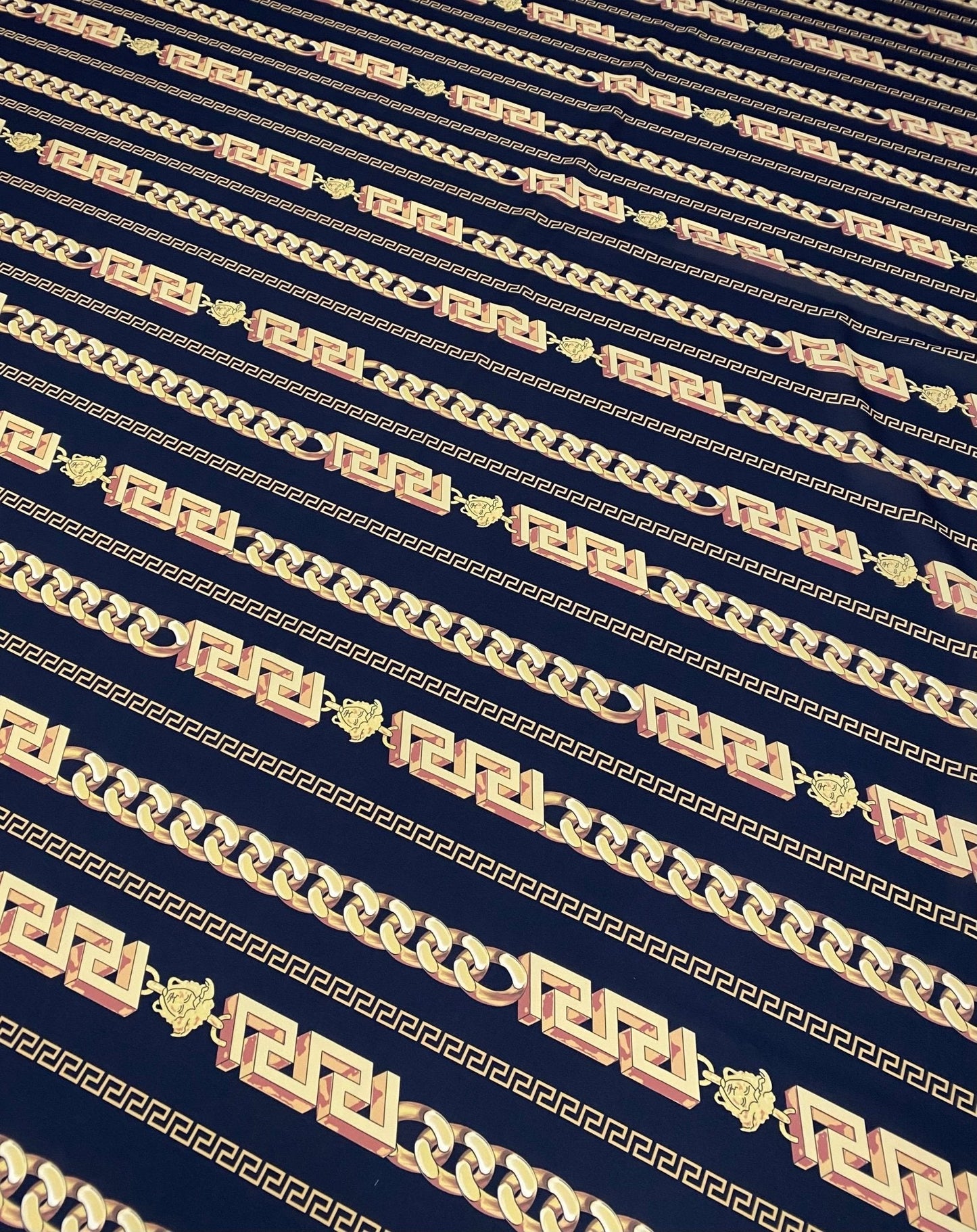 Greek Key Black and Gold Pattern Fabric – Available in Satin, Crepe, Spandex & Chiffon | By Metre