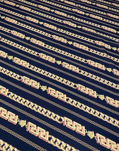 Greek Key Black and Gold Pattern Fabric – Available in Satin, Crepe, Spandex & Chiffon | By Metre