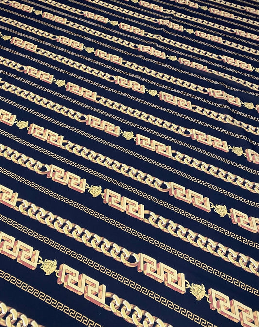 Greek Key Black and Gold Pattern Fabric – Available in Satin, Crepe, Spandex & Chiffon | By Metre