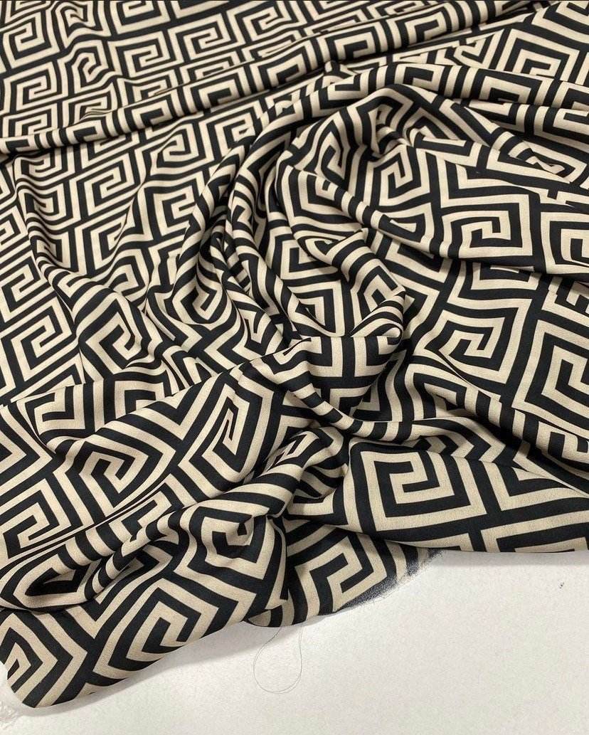 Greek Key Design Fabric – Fabric by Metre, Options: Satin, Crepe, Spandex, Chiffon